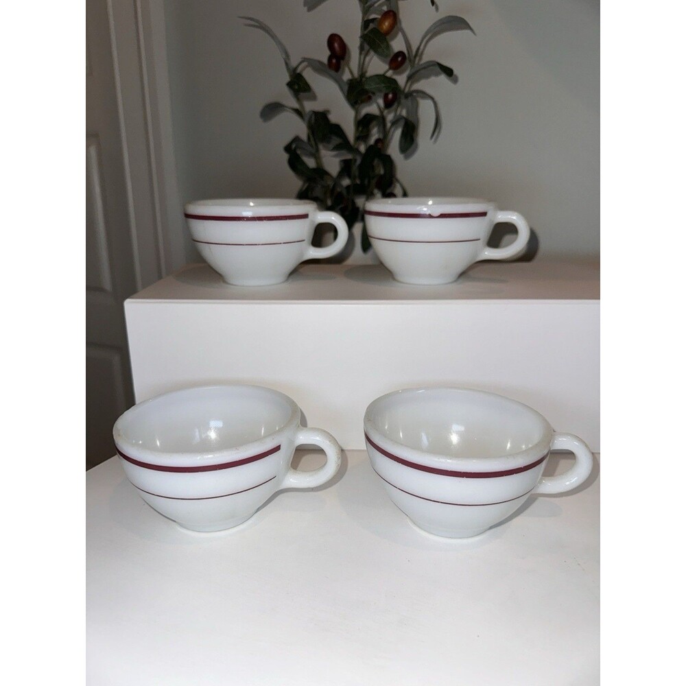 Vintage Pyrex Corning Restaurant Milk Glass Coffee Mugs Red Stripe 701 Set of 4